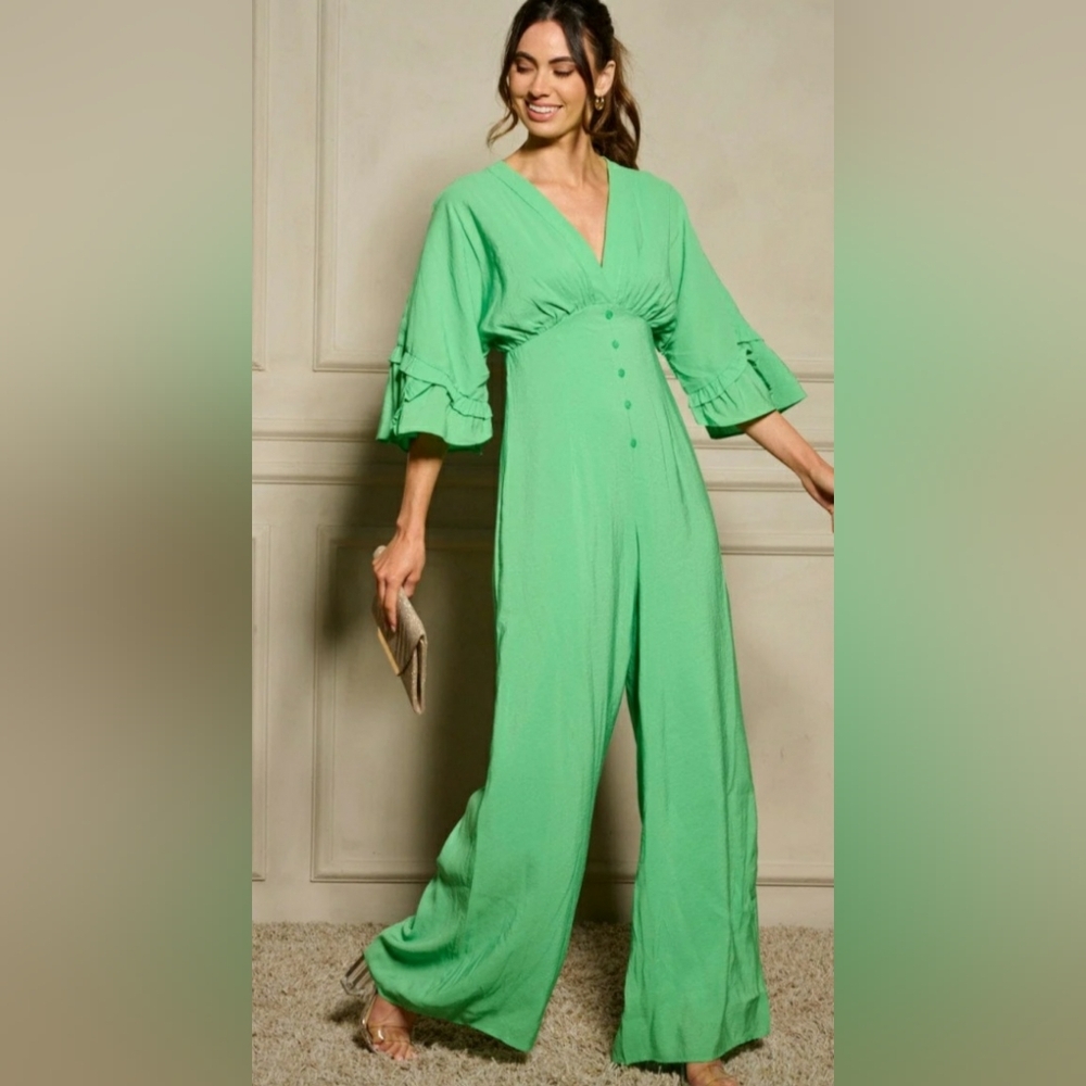 Chicways Deep V- Neck Empire Waist Wide Leg Jumpsuit Green Various Sizes NWT